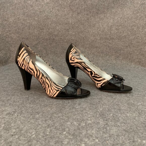Anne Klein Women’s Leather Heel Black and Cream Zebra Pattern Peep Toe Shoes - Picture 6 of 12
